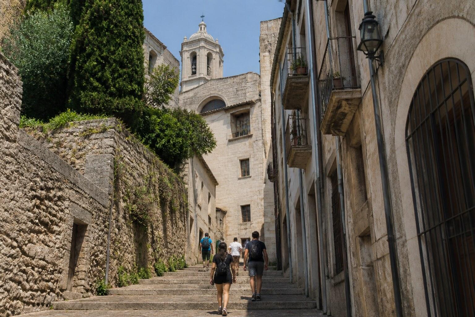 Visitors walking a stone street between Girona heritage sites