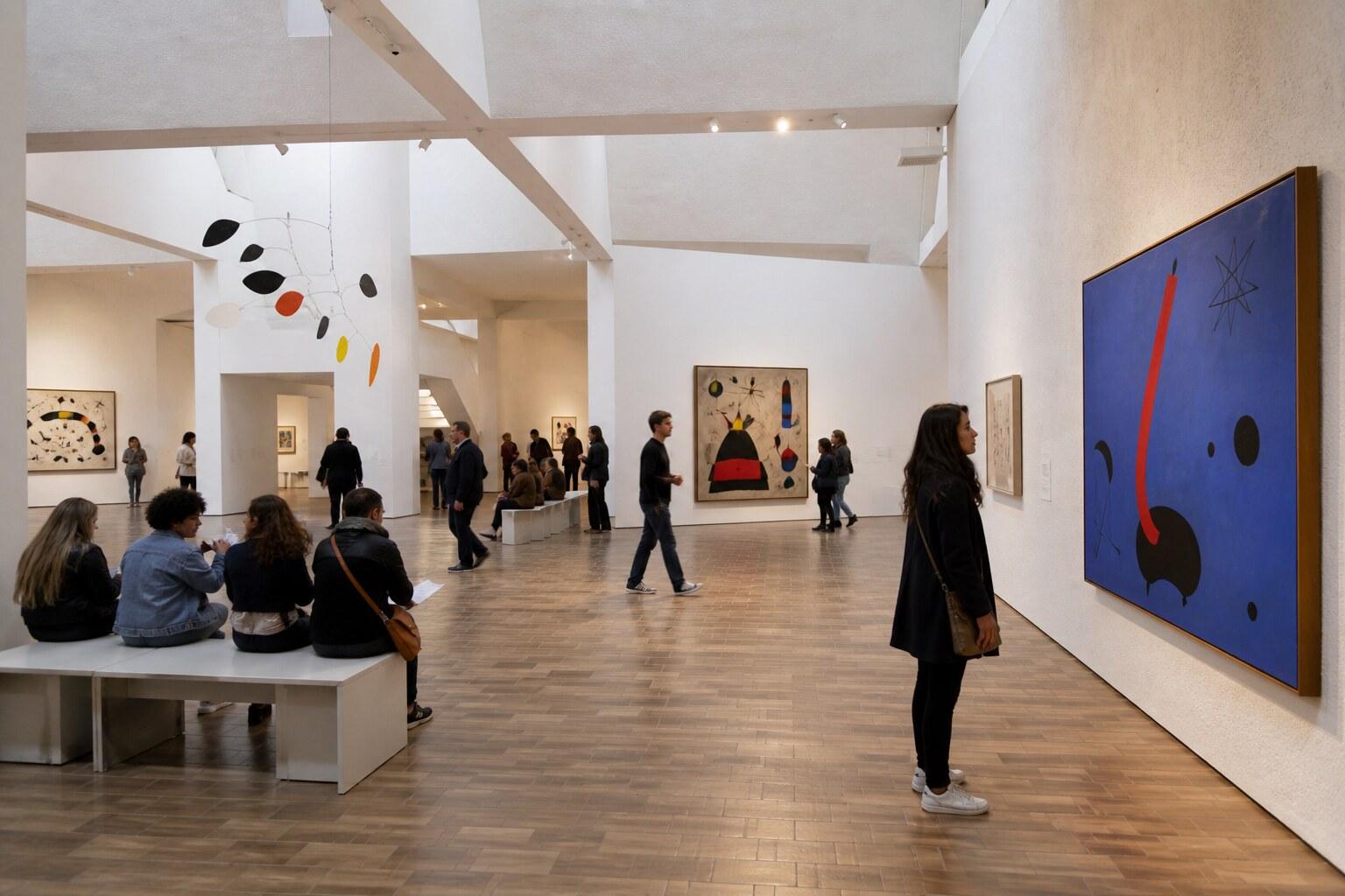 Visitors viewing colorful modern art in a white Miró gallery