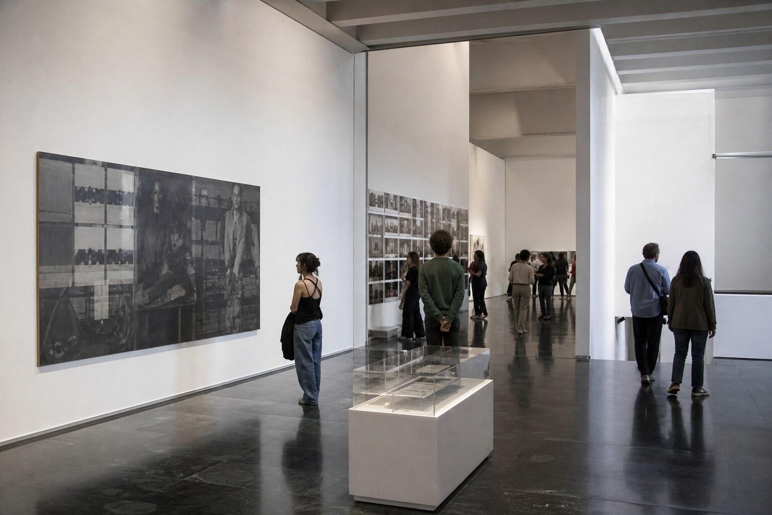 Visitors viewing contemporary art in a bright MACBA gallery