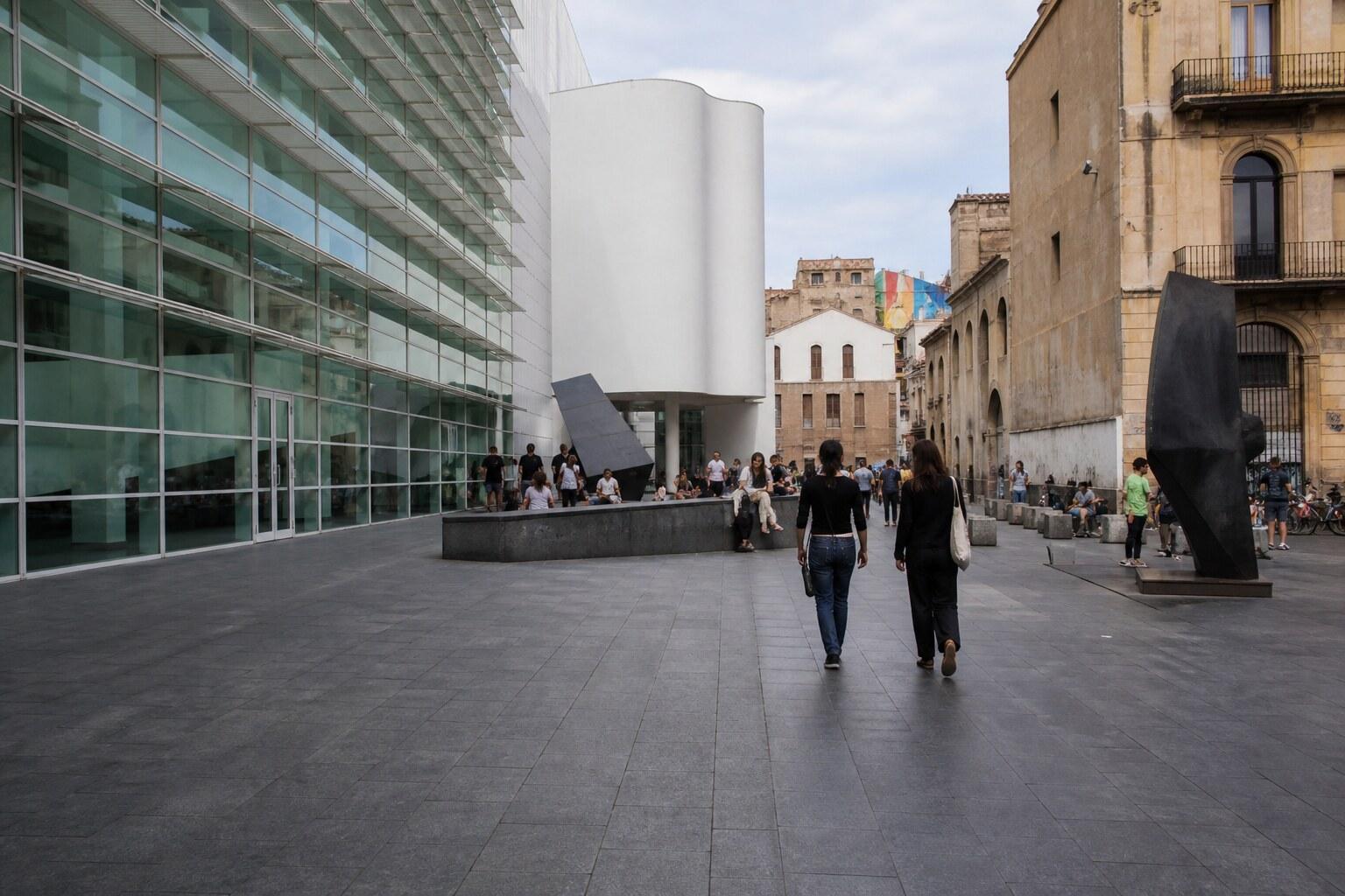 People crossing the plaza outside MACBA in Barcelona