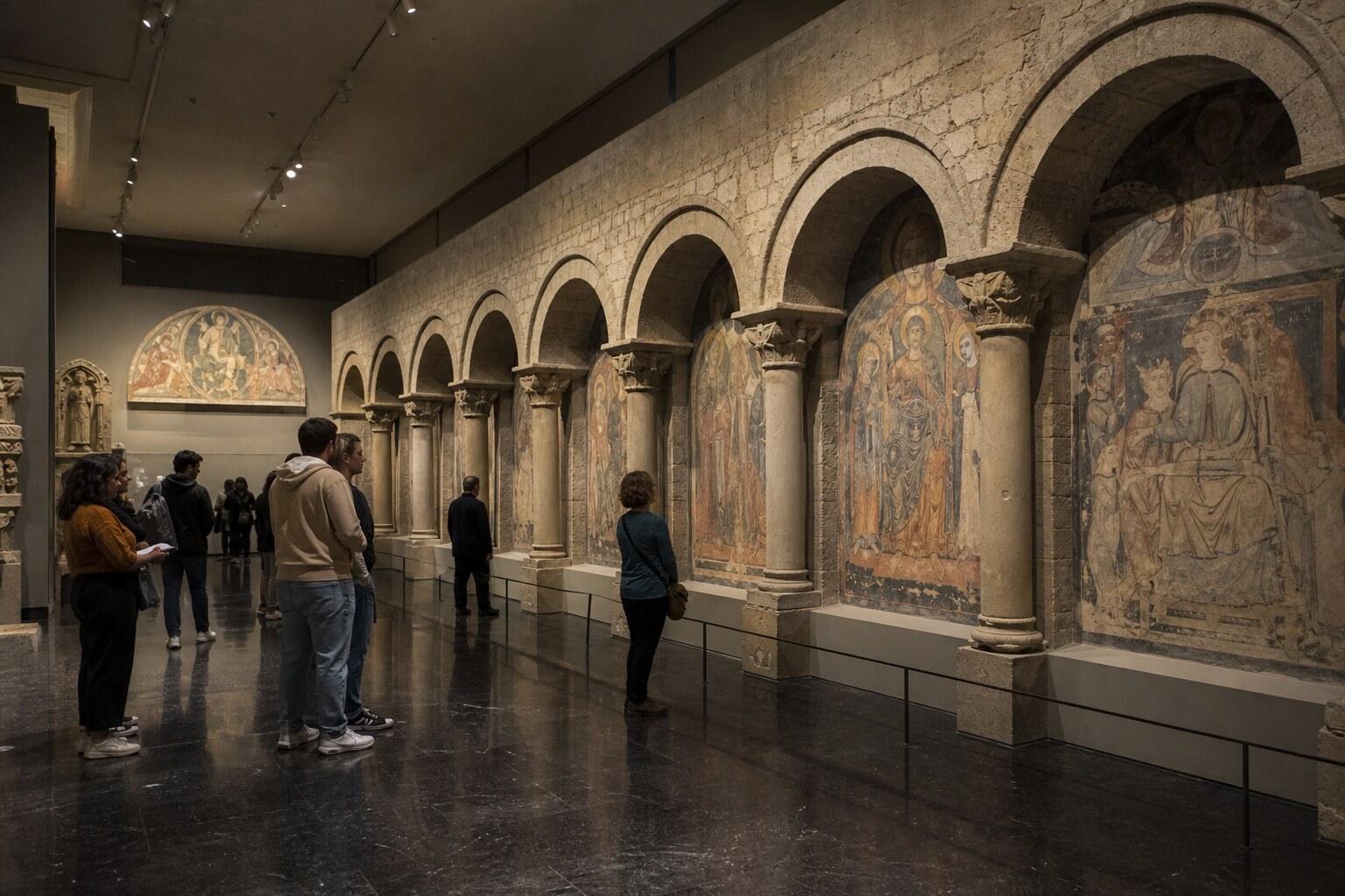 Visitors studying Romanesque art in an MNAC gallery