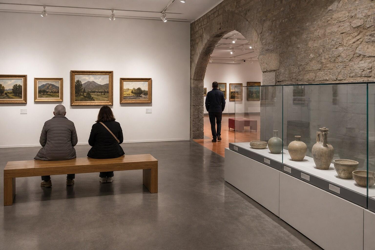 Visitors viewing landscape paintings in an Olot museum