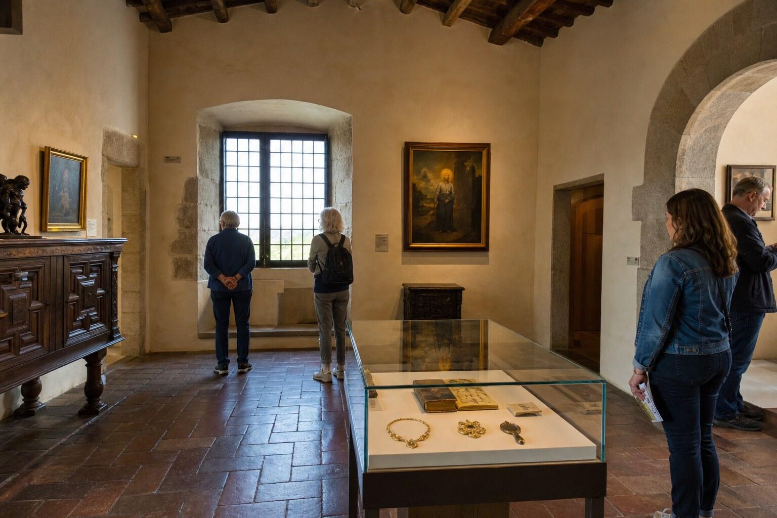 Visitors exploring a furnished room in Gala Dalí Castle