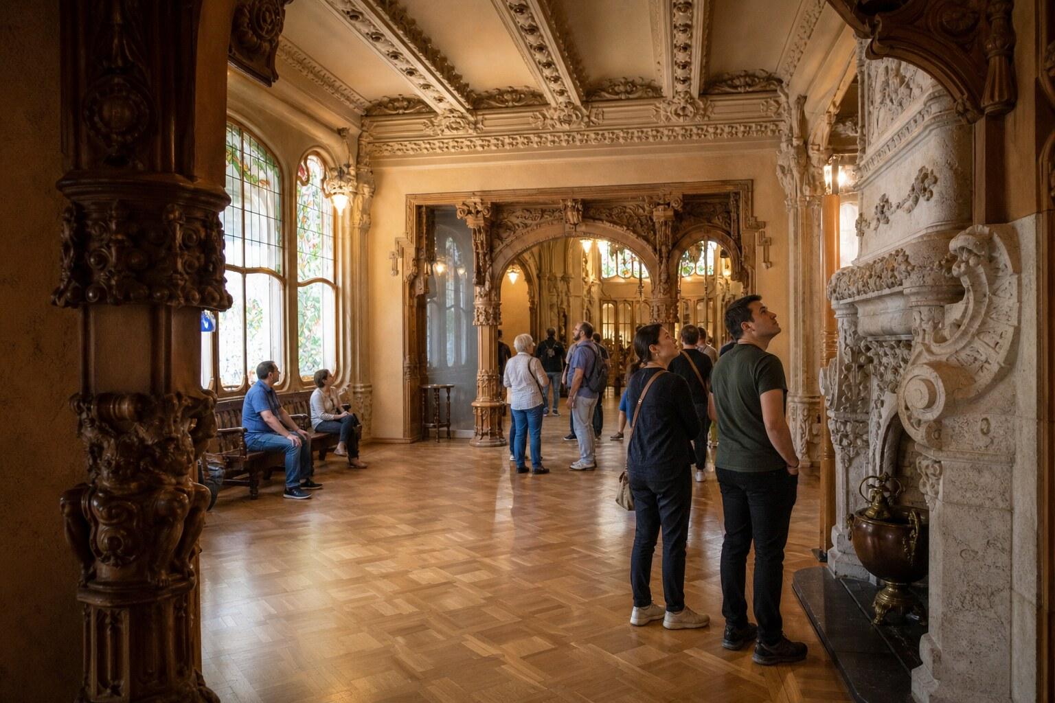 Visitors touring the decorated Modernista interior of Casa Navàs