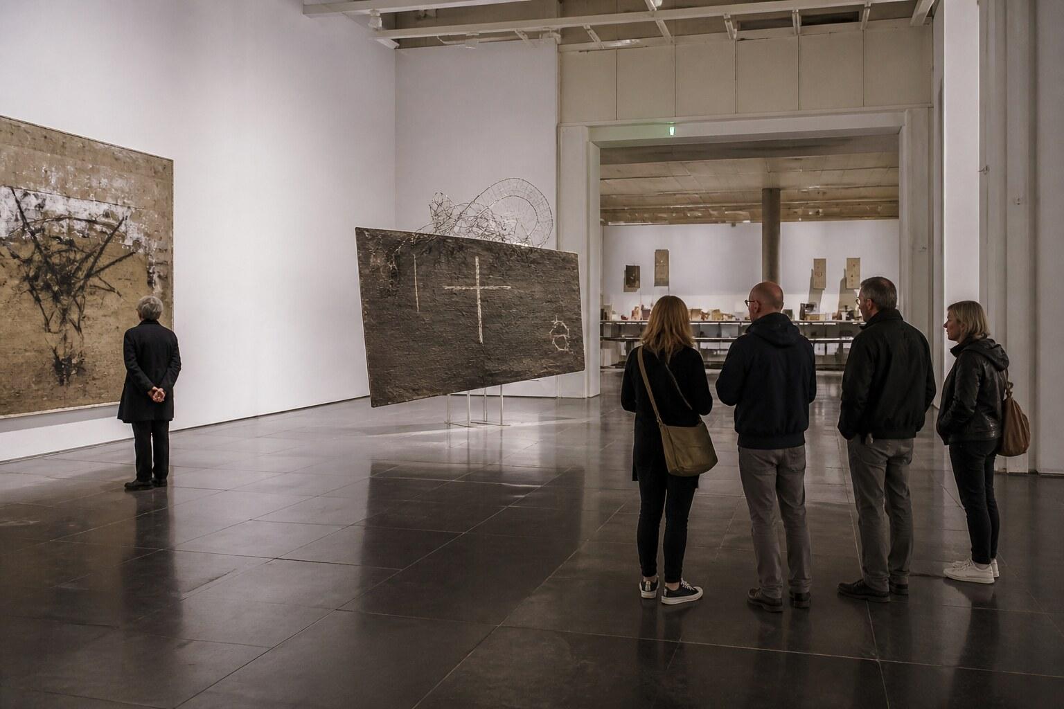 Visitors viewing monochrome contemporary works in a gallery